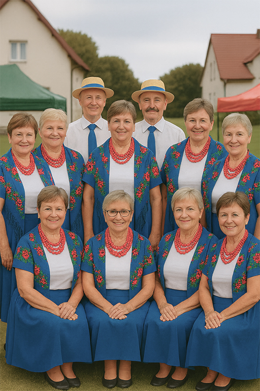 spódnica, chusta, korale, koszulka