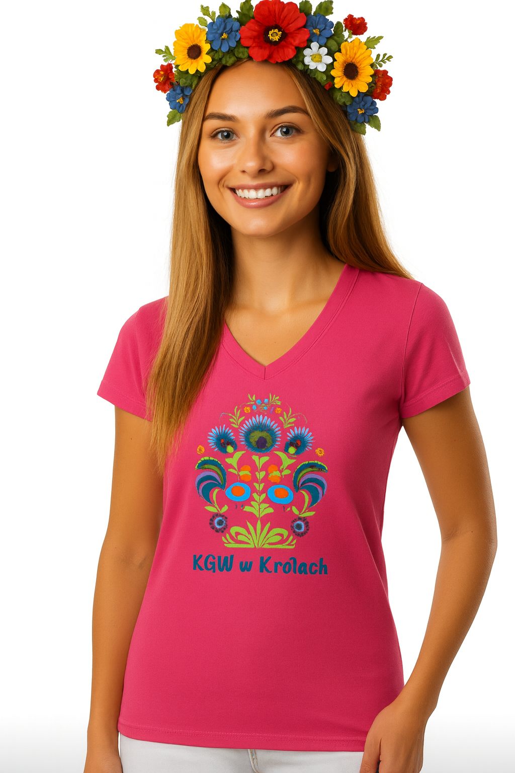 Koszulka dla Koła Gospodyń Wiejskich w serek z logo KGW, małe rozmiary dłuższe