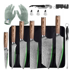 6 Japońskich noży z drewnianą raczką i akcesoriami