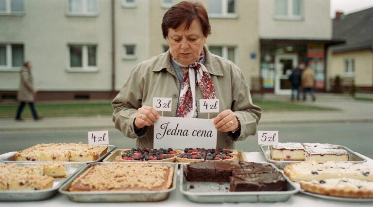 Stoisko koła gospodyń wiejskich z różnymi rodzajami ciast i tabliczkami cenowymi przy każdym wypieku